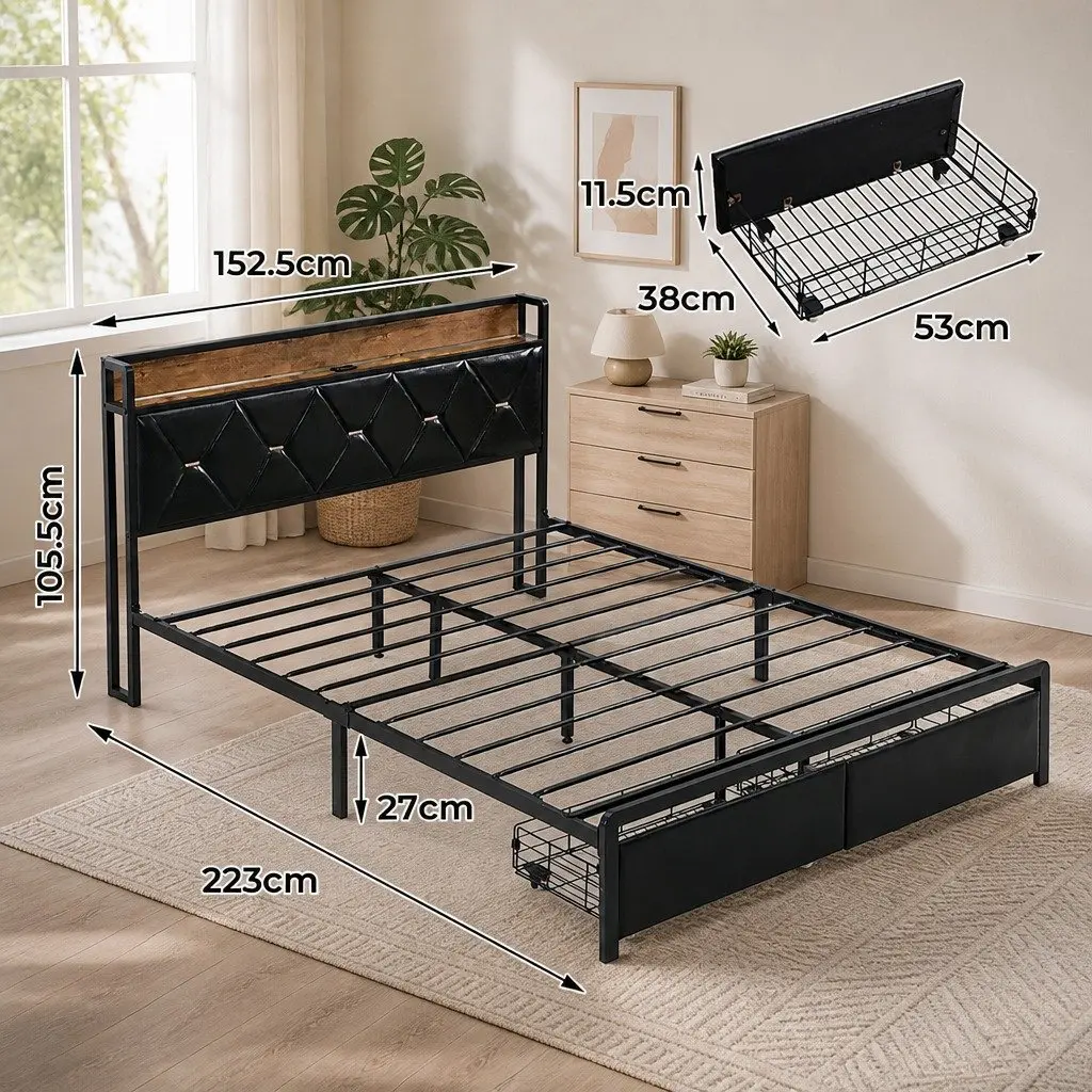 King Bed Frame PU Leather Black with LED Headboard Storage Drawers Metal Base