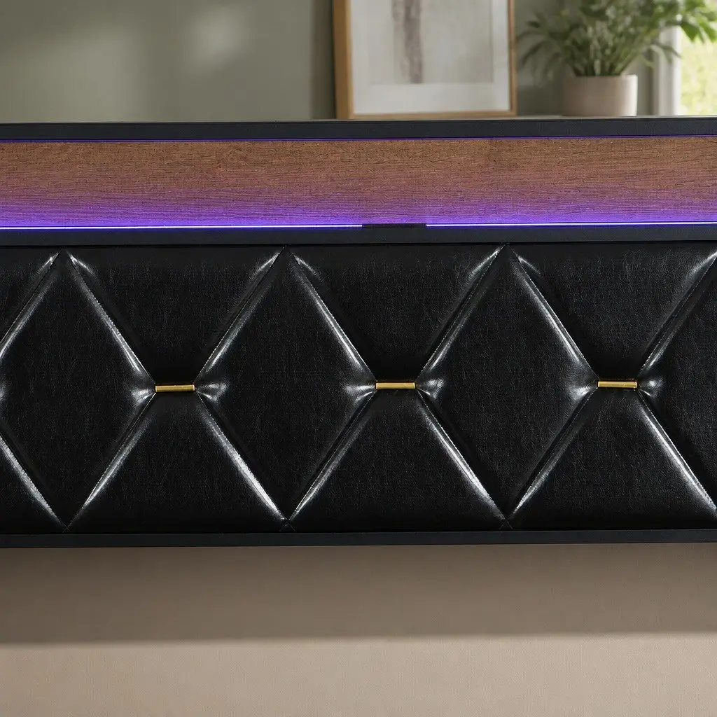 King Bed Frame PU Leather Black with LED Headboard Storage Drawers Metal Base
