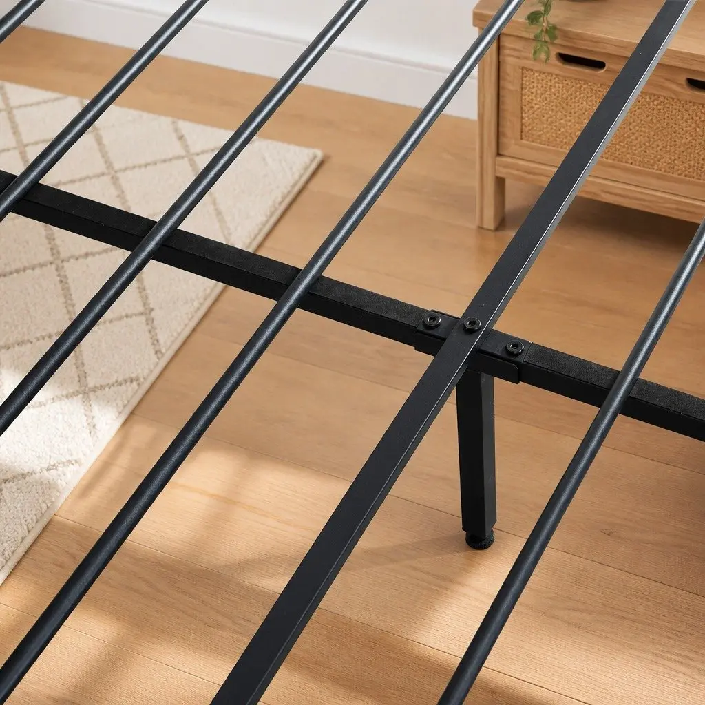 King Bed Frame PU Leather Black with LED Headboard Storage Drawers Metal Base