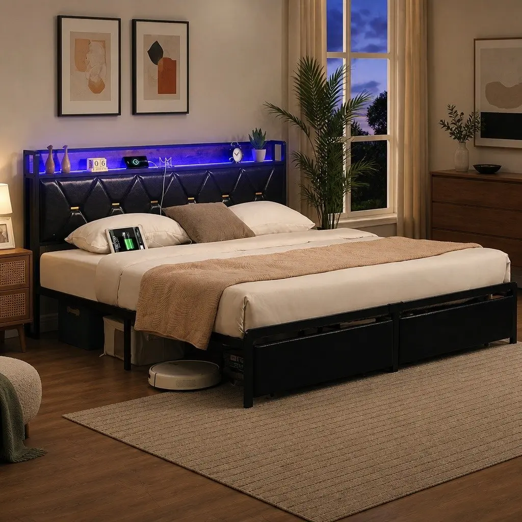 King Bed Frame PU Leather Black with LED Headboard Storage Drawers Metal Base