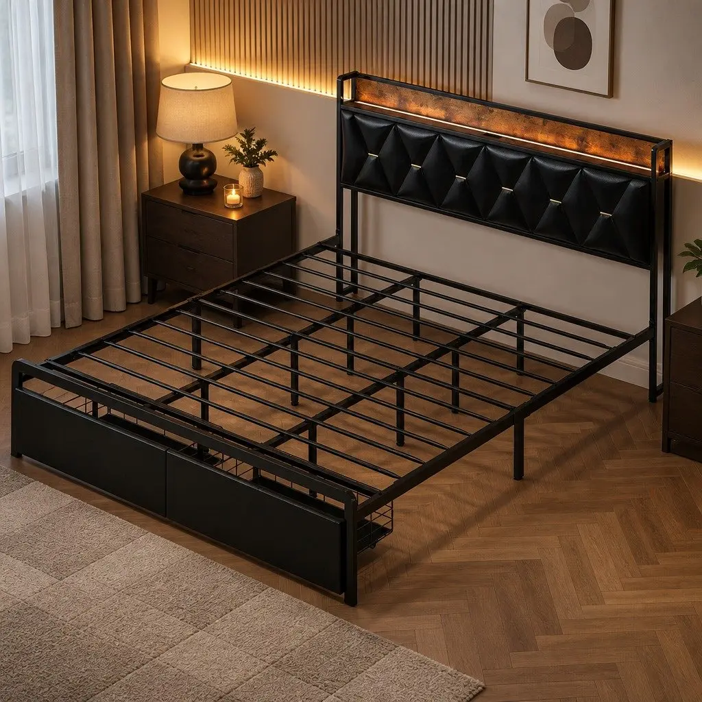 King Bed Frame PU Leather Black with LED Headboard Storage Drawers Metal Base