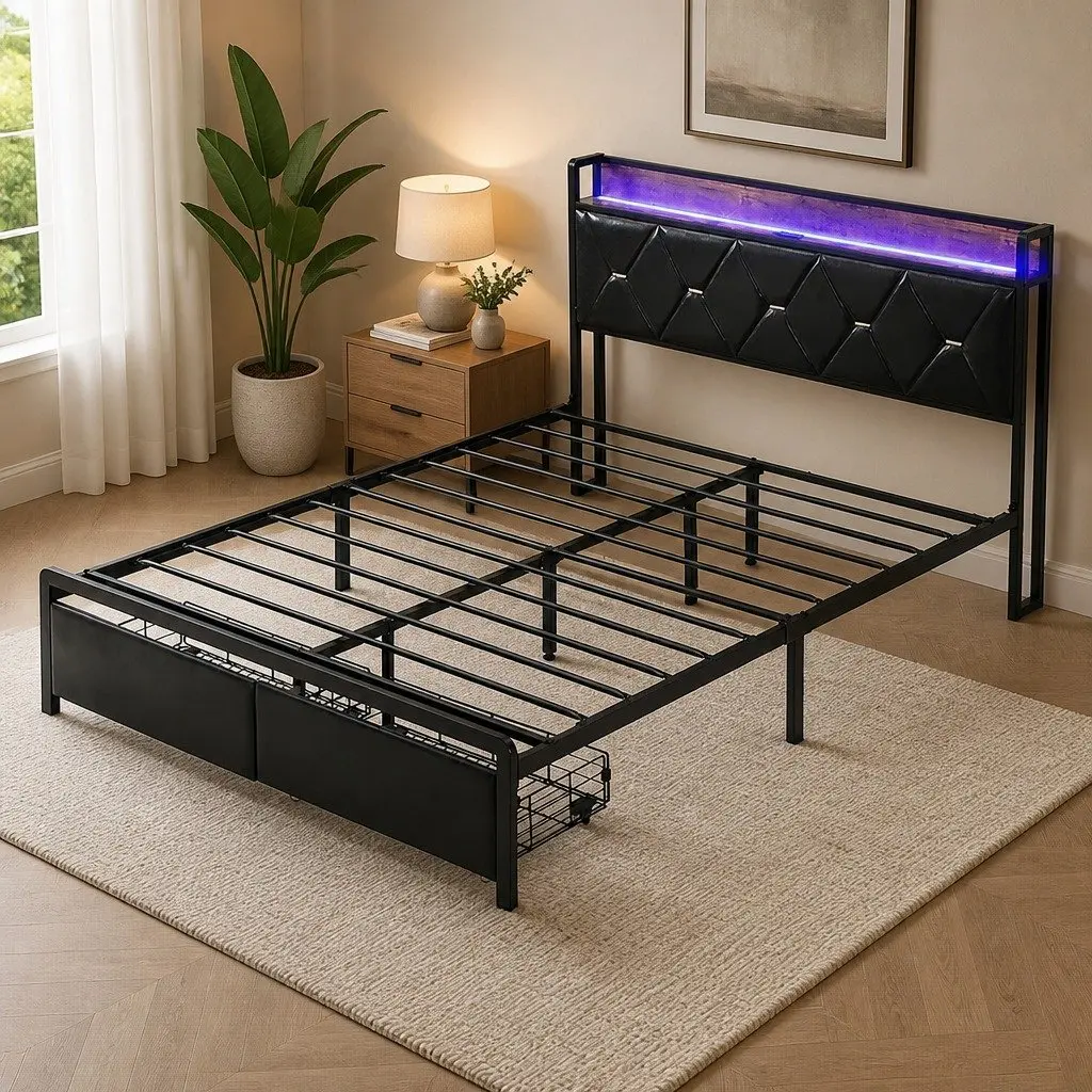 Queen Metal Bed Frame with LED Lights & USB