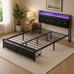 Sturdy Queen Metal Bed Frame with LED Lights & USB