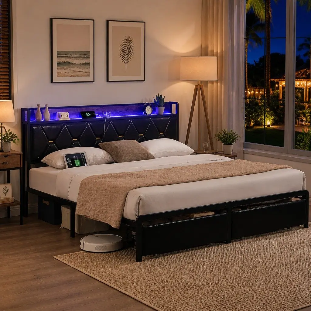 Queen Metal Bed Frame with LED Lights & USB