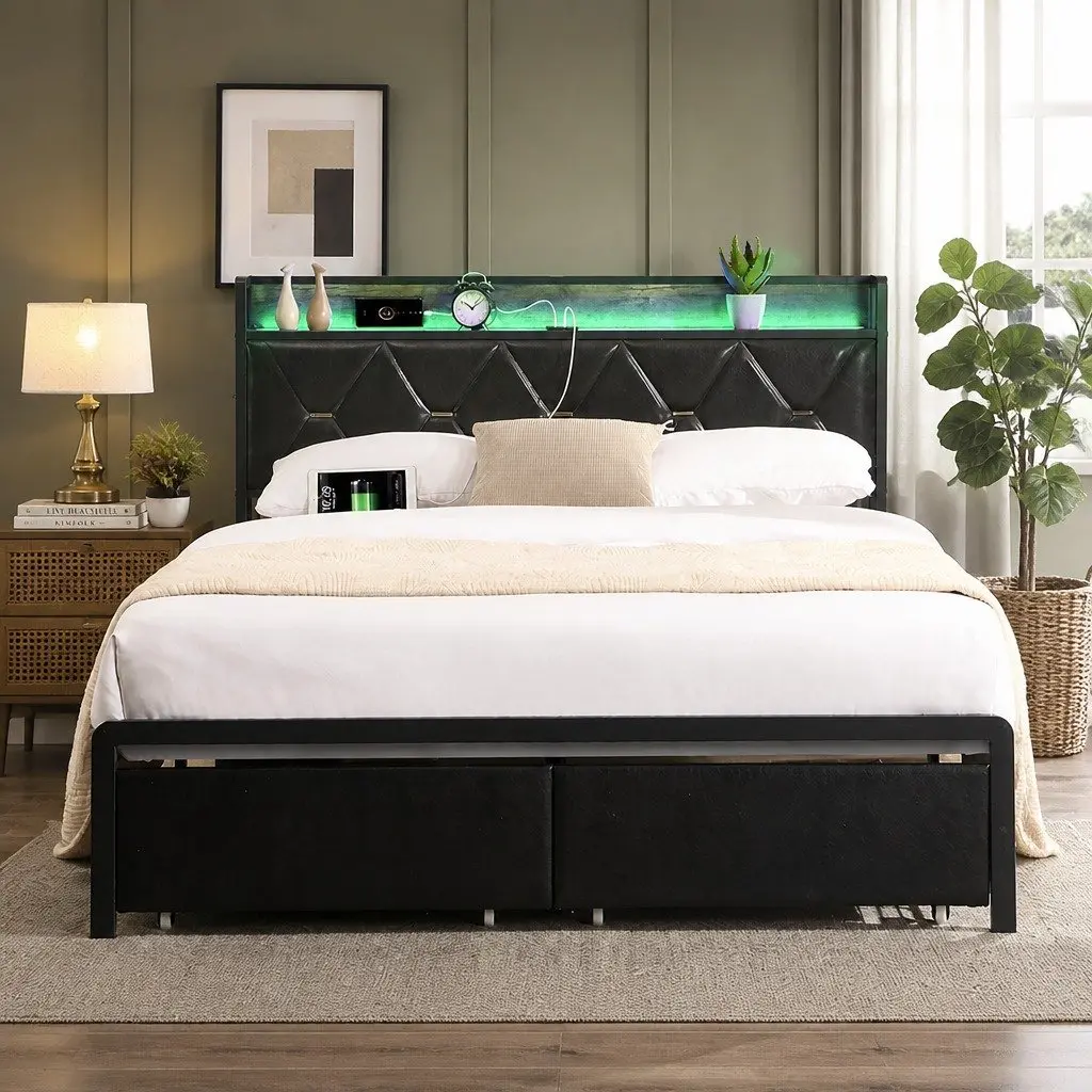 Queen Metal Bed Frame with LED Lights & USB