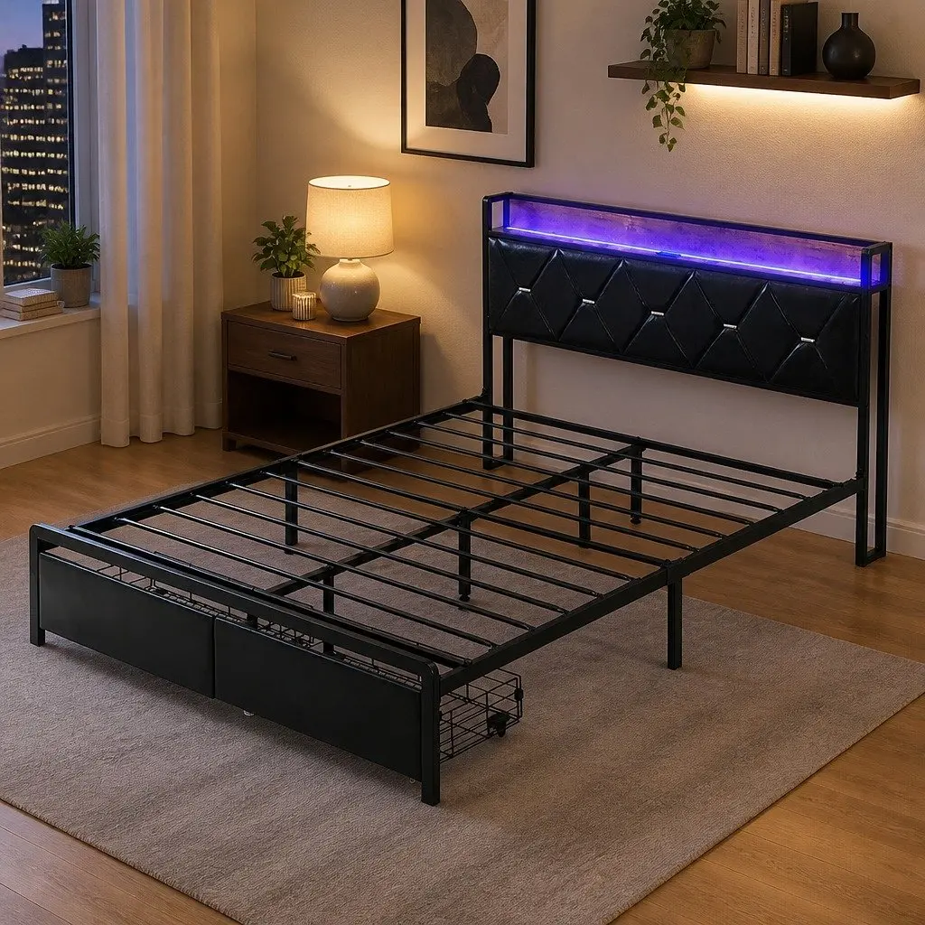 Queen Metal Bed Frame with LED Lights & USB