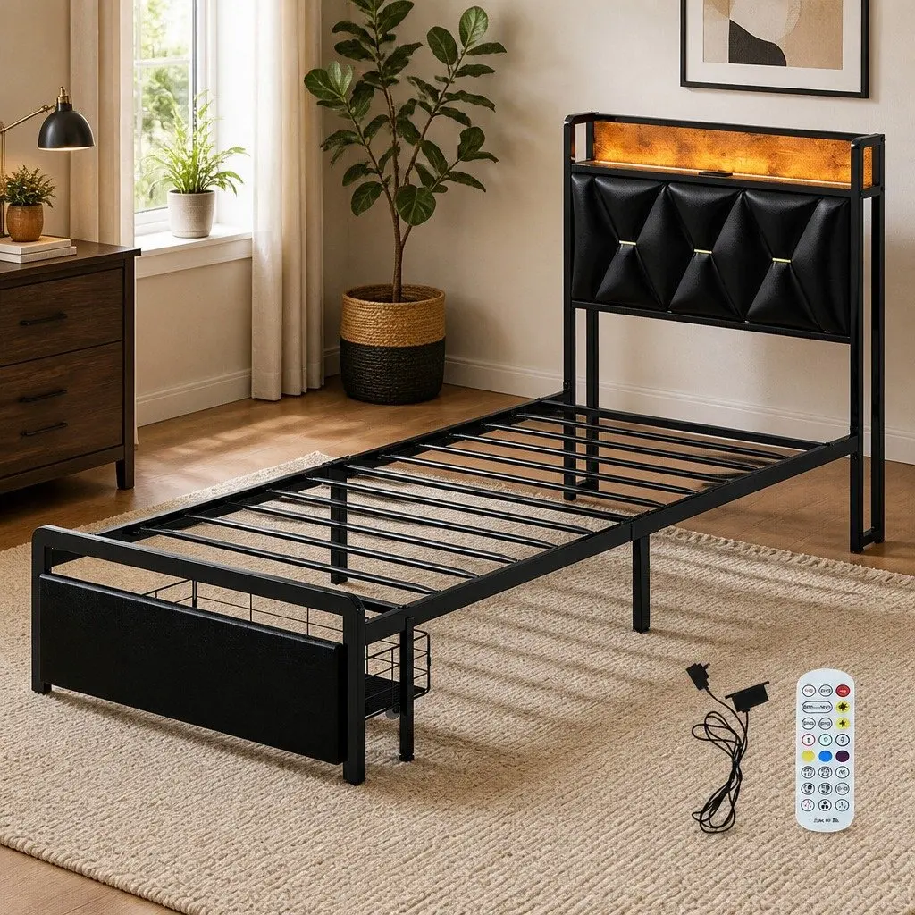 Single Bed Frame with Metal Slatted Base and LED Headboard