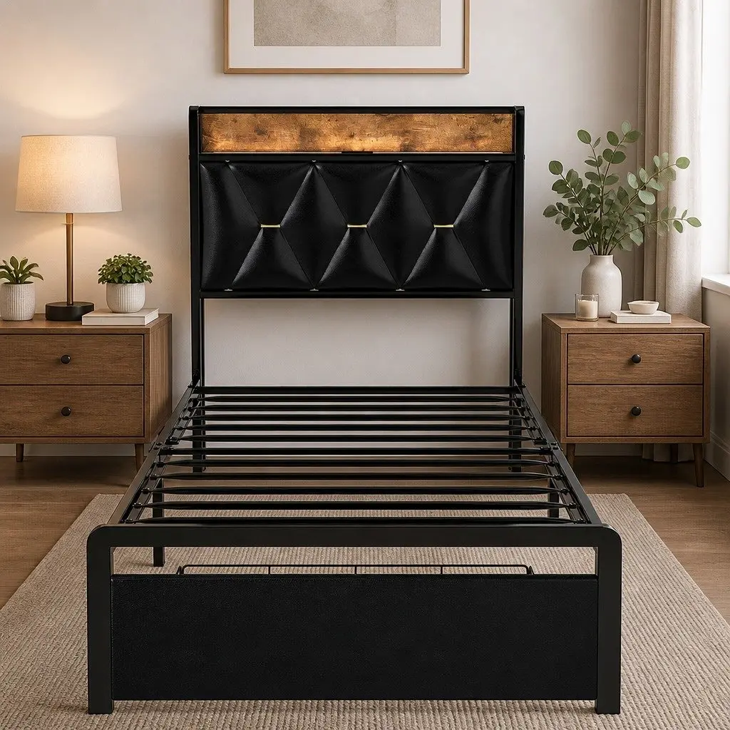 Single Bed Frame with Metal Slatted Base and LED Headboard