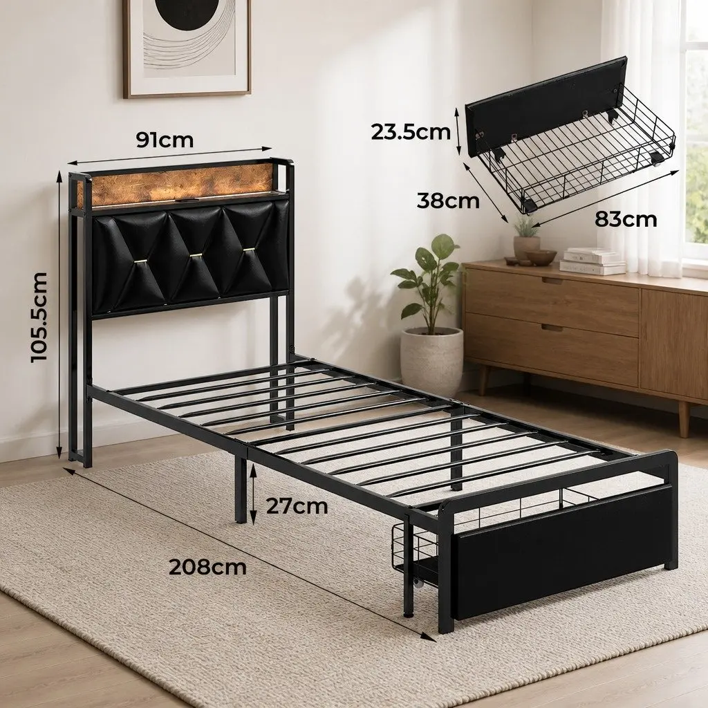 Single Bed Frame with Metal Slatted Base and LED Headboard