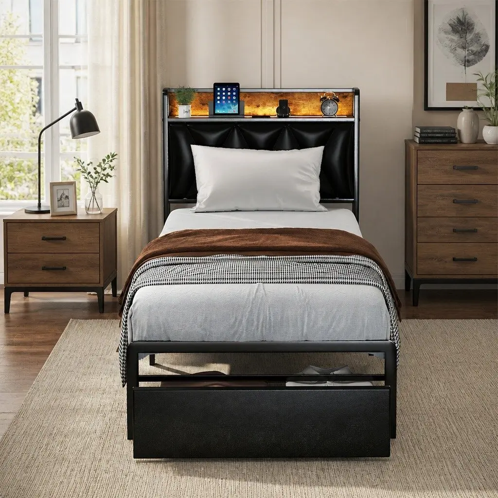 Single Bed Frame with Metal Slatted Base and LED Headboard