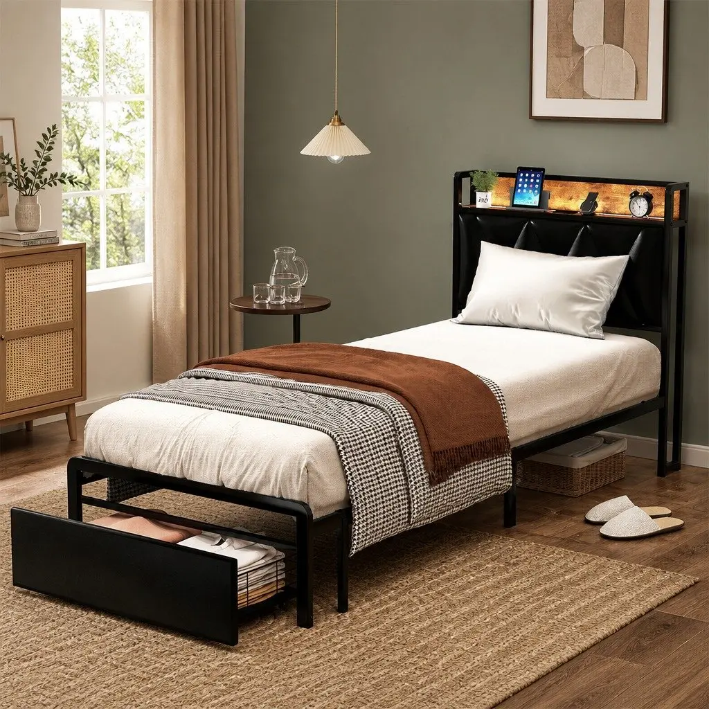 Single Bed Frame with Metal Slatted Base and LED Headboard