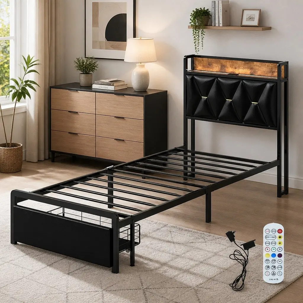 Single Bed Frame with Metal Slatted Base and LED Headboard