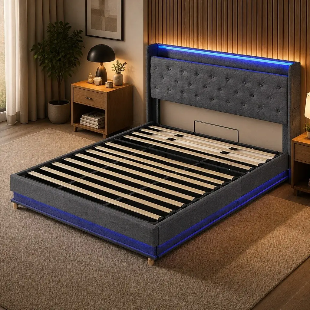 King Bed Frame Linen Metal 218cm x 190cm Grey with Gas Lift Storage RGB LED Light USB Charging Headboard
