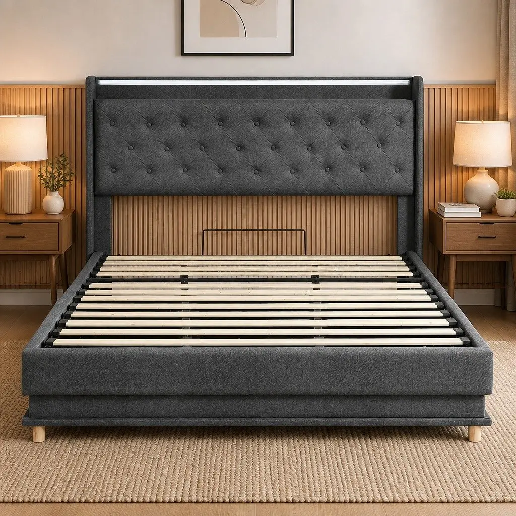 King Bed Frame Linen Metal 218cm x 190cm Grey with Gas Lift Storage RGB LED Light USB Charging Headboard