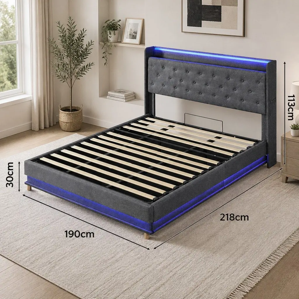 King Bed Frame Linen Metal 218cm x 190cm Grey with Gas Lift Storage RGB LED Light USB Charging Headboard