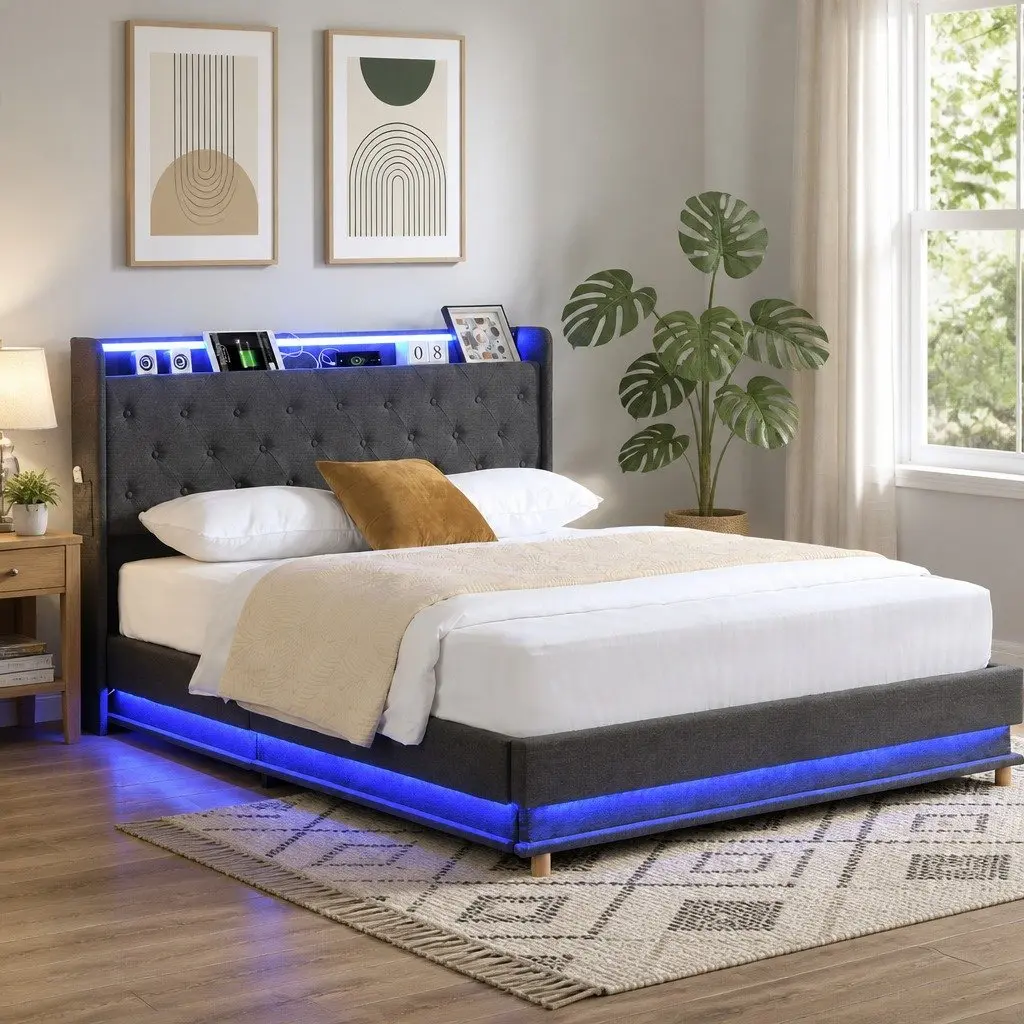 King Bed Frame Linen Metal 218cm x 190cm Grey with Gas Lift Storage RGB LED Light USB Charging Headboard