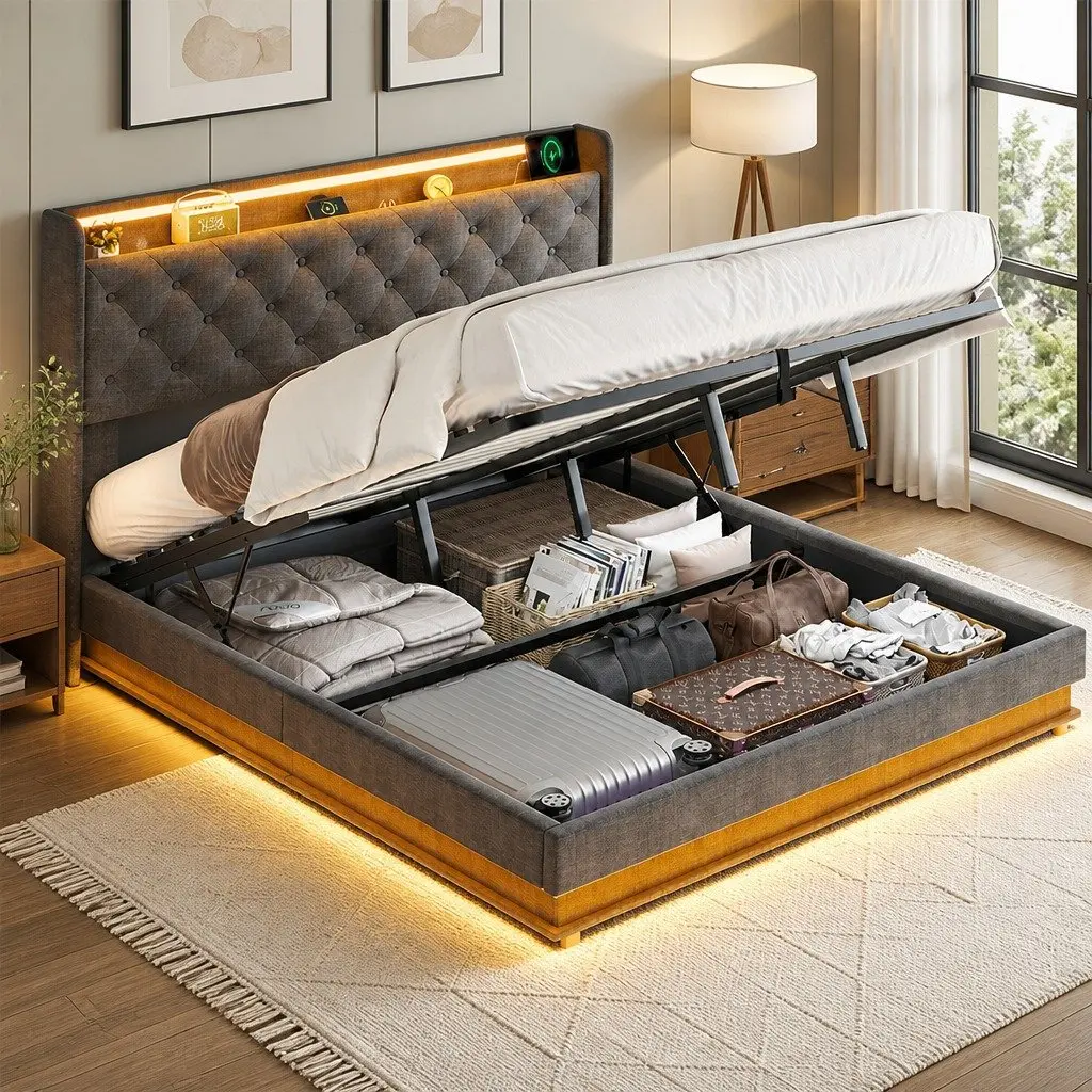 King Bed Frame Linen Metal 218cm x 190cm Grey with Gas Lift Storage RGB LED Light USB Charging Headboard