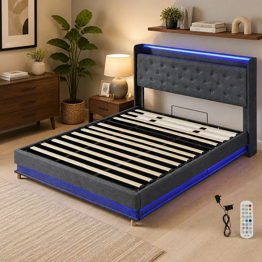 King Bed Frame Linen Metal 218cm x 190cm Grey with Gas Lift Storage RGB LED Light USB Charging Headboard