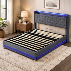 Queen Bed Frame with Gas Lift Storage and LED Headboard