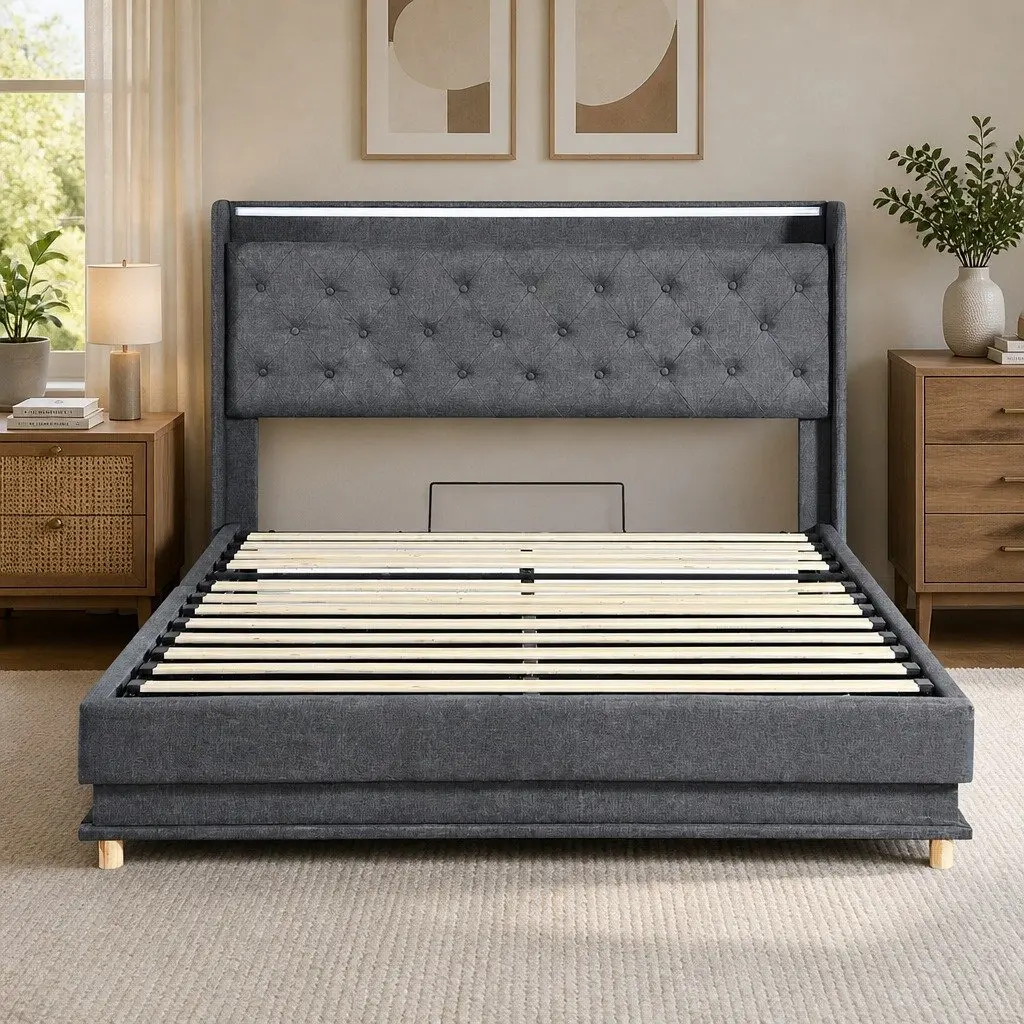 Queen Bed Frame Linen Upholstered Grey Gas Lift Storage LED Headboard USB Charging