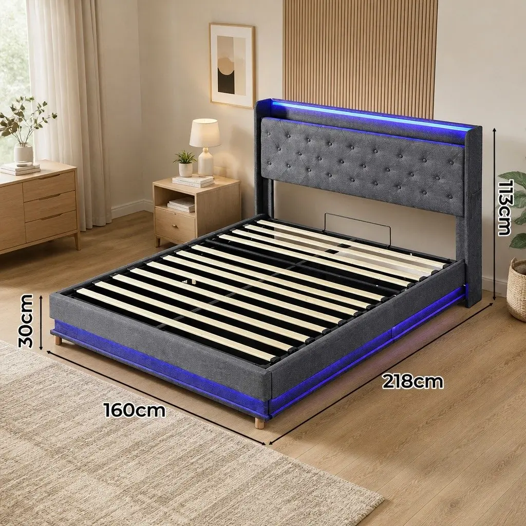 Queen Bed Frame Linen Upholstered Grey Gas Lift Storage LED Headboard USB Charging