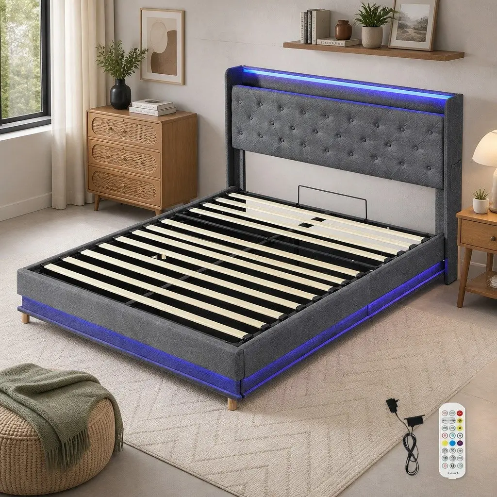 Queen Bed Frame Linen Upholstered Grey Gas Lift Storage LED Headboard USB Charging
