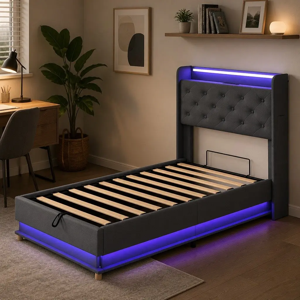 Gas Lift Storage Single Bed Frame with USB Charging & LED