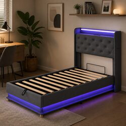 Gas Lift Storage Single Bed Frame with USB Charging & LED