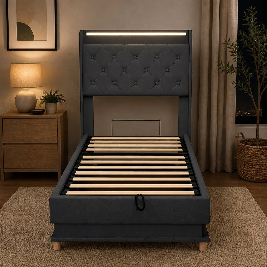 Gas Lift Storage Single Bed Frame with USB Charging & LED