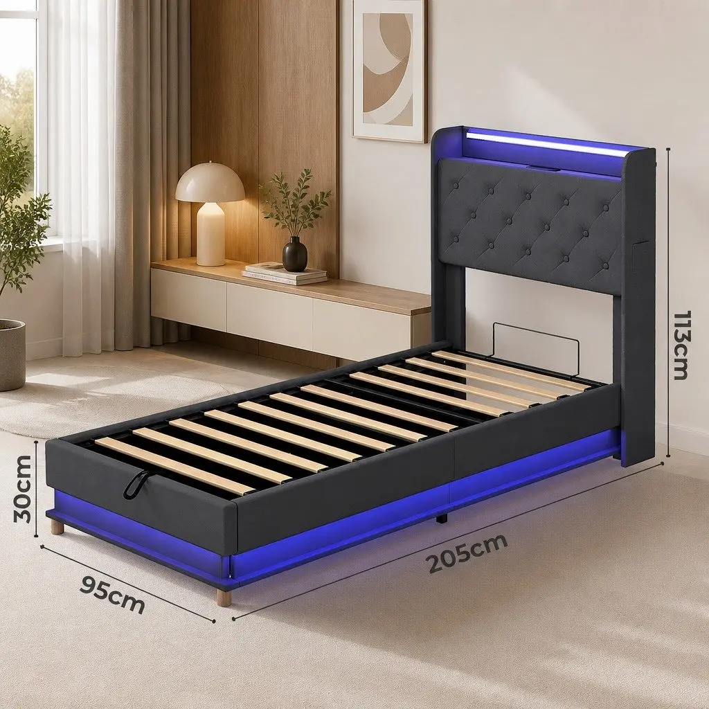 Gas Lift Storage Single Bed Frame with USB Charging & LED
