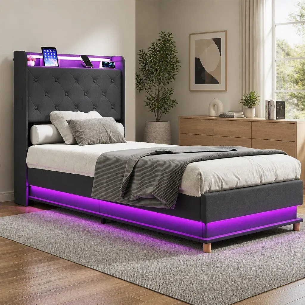 Gas Lift Storage Single Bed Frame with USB Charging & LED
