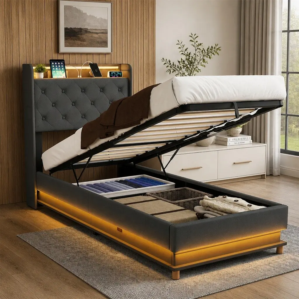 Gas Lift Storage Single Bed Frame with USB Charging & LED