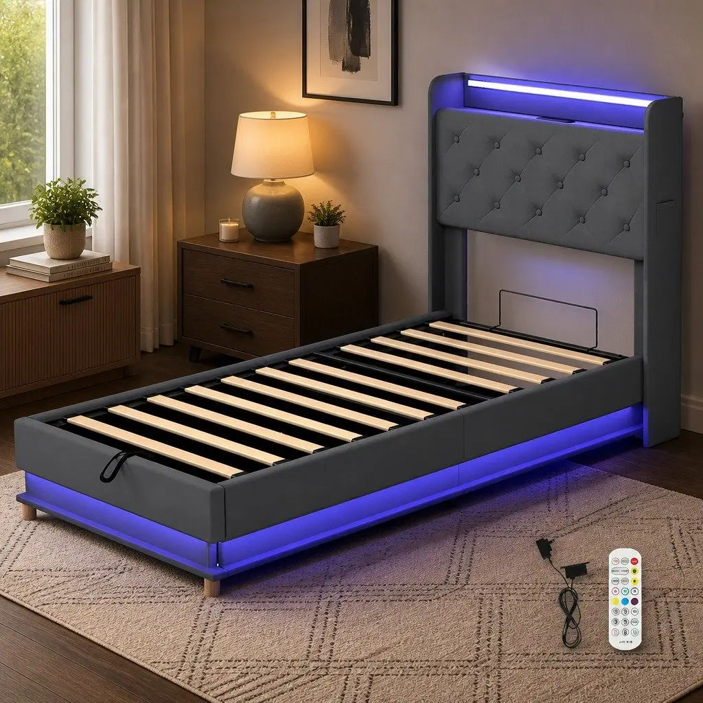 Gas Lift Storage Single Bed Frame with USB Charging & LED