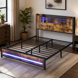 Double Bed Frame Storage Headboard LED Lights USB Charging Industrial Design