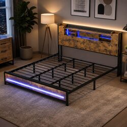 Sturdy King Bed Frame with LED Headboard & Storage