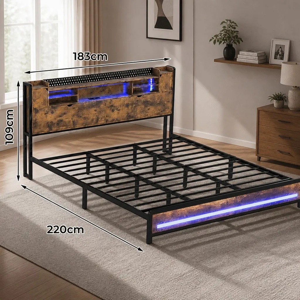 King Bed Frame with LED Headboard & Storage