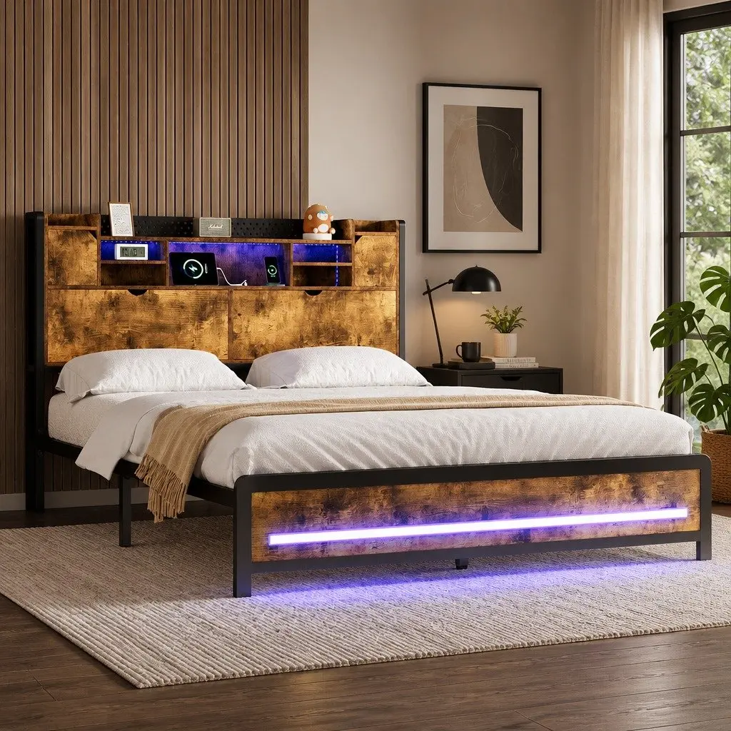 King Bed Frame with LED Headboard & Storage