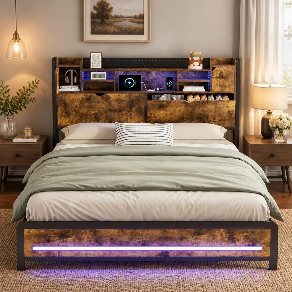 King Bed Frame with LED Headboard & Storage
