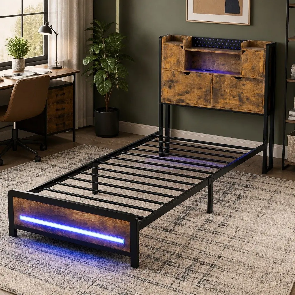 Industrial Metal Single Bed Frame with RGB LED Headboard