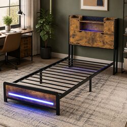 Industrial Metal Single Bed Frame with RGB LED Headboard