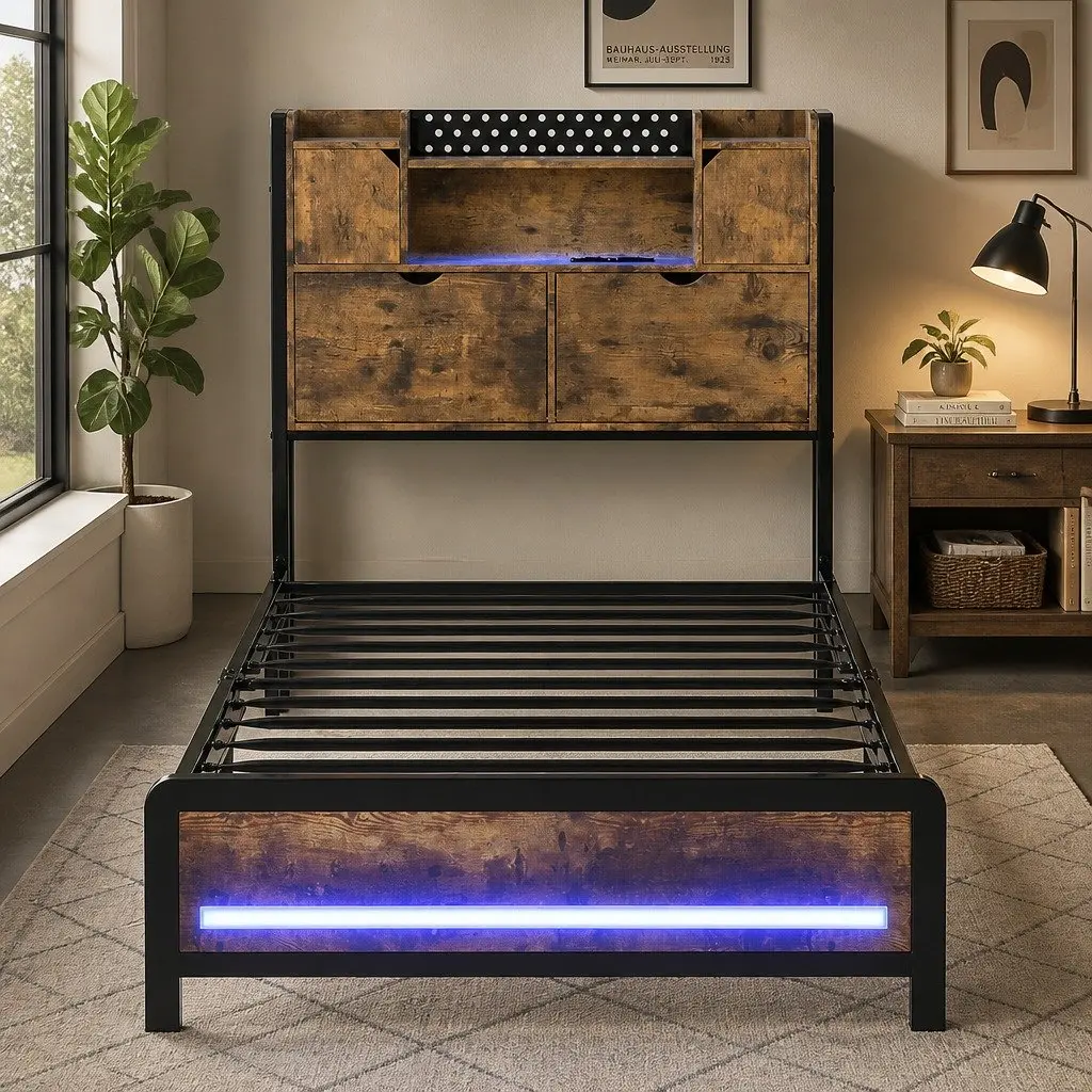 Industrial Metal Single Bed Frame with RGB LED Headboard