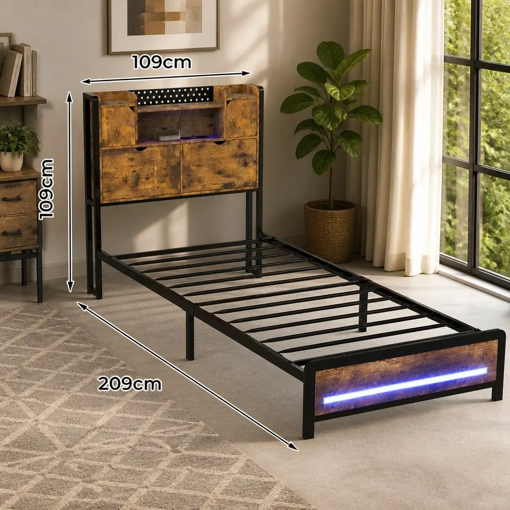 Industrial Metal Single Bed Frame with RGB LED Headboard