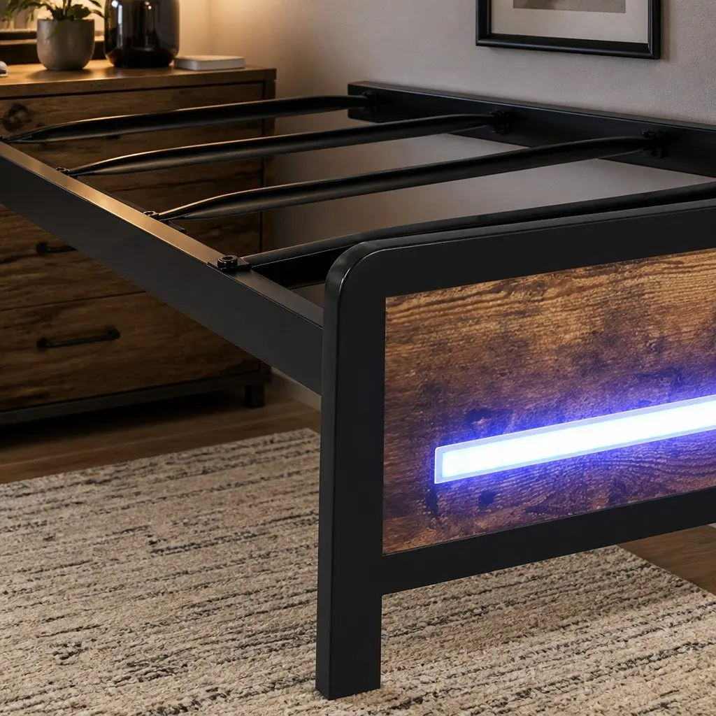 Industrial Metal Single Bed Frame with RGB LED Headboard