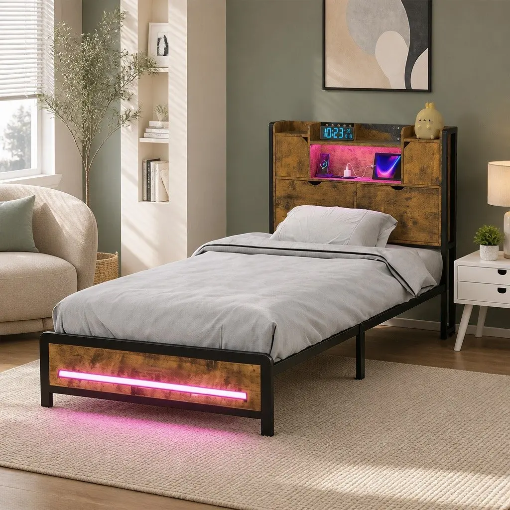 Industrial Metal Single Bed Frame with RGB LED Headboard