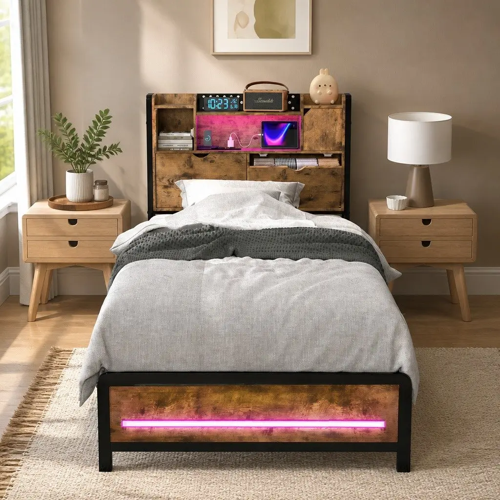 Industrial Metal Single Bed Frame with RGB LED Headboard