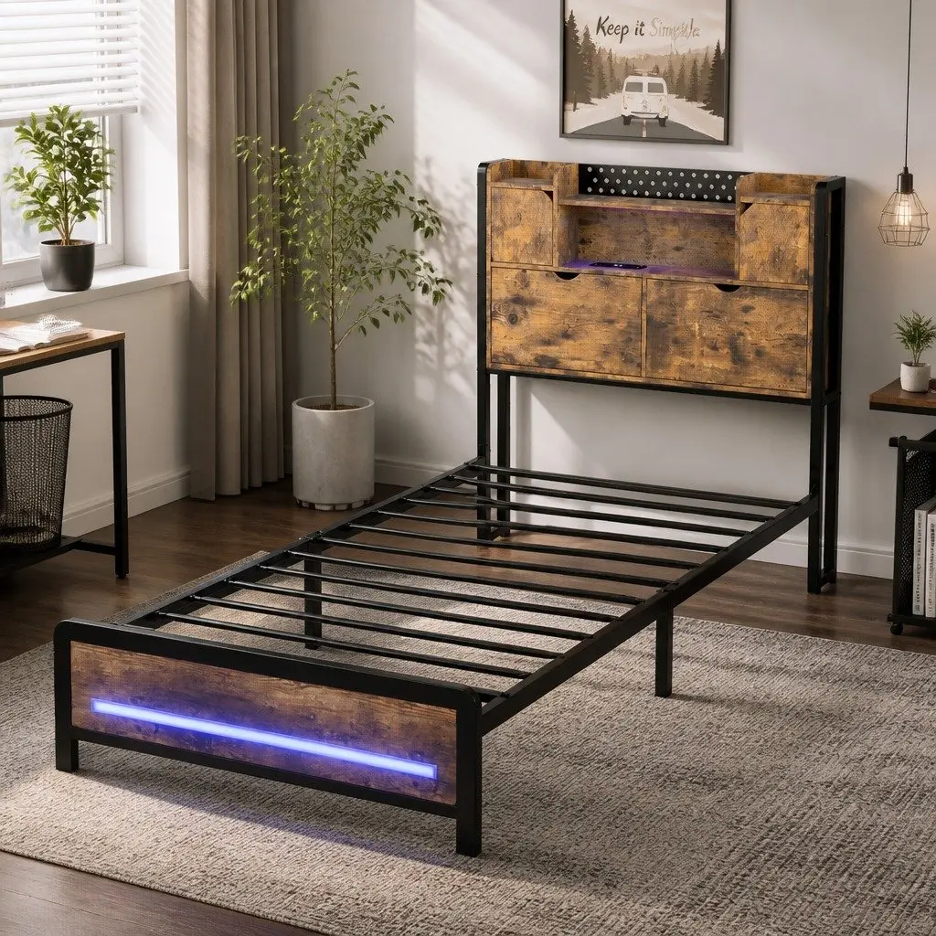 Industrial Metal Single Bed Frame with RGB LED Headboard