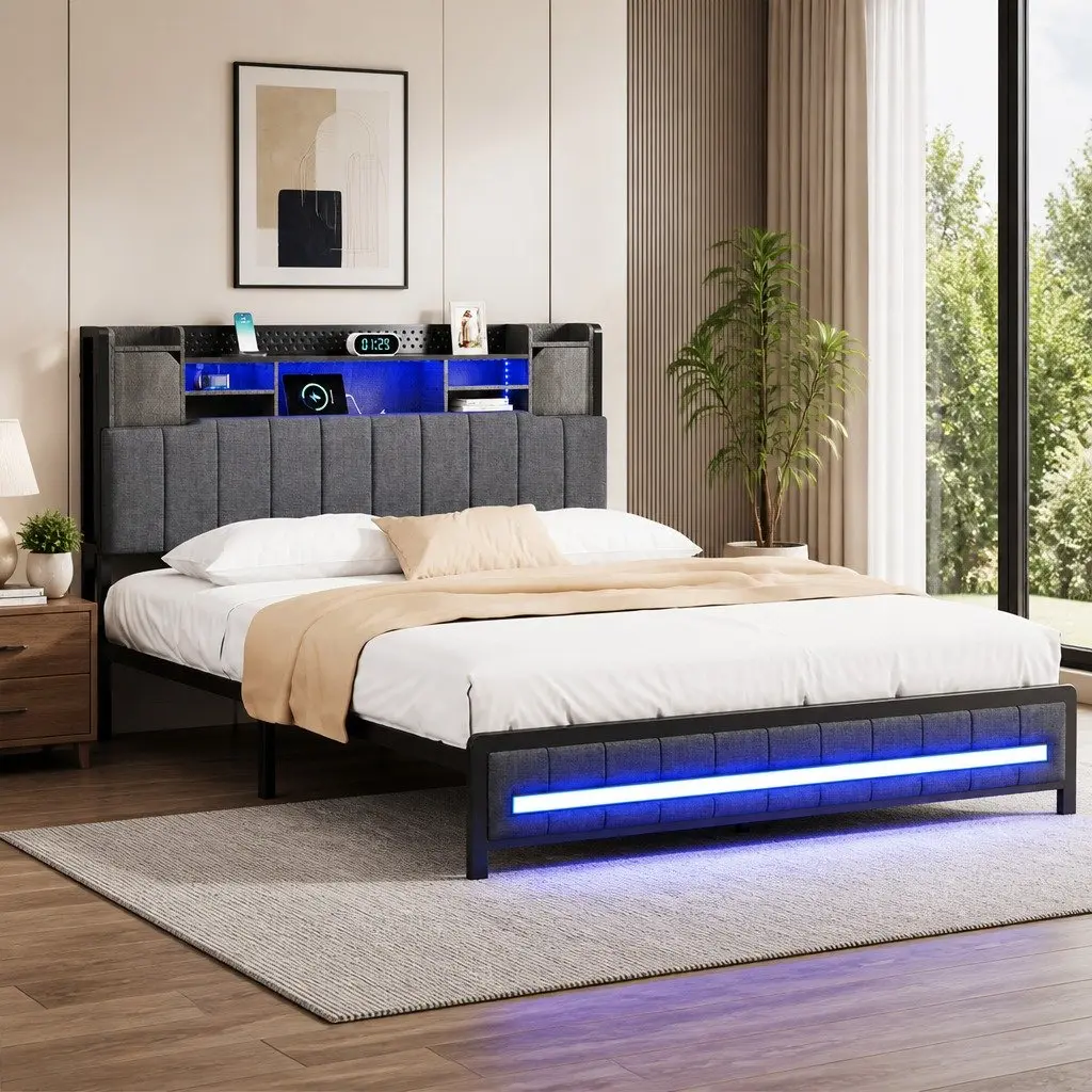 Queen Bed Frame with Linen Storage Headboard