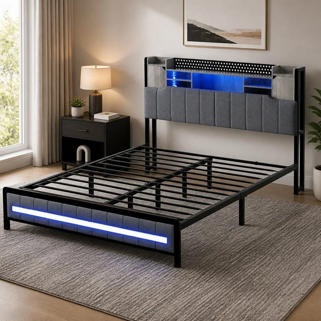 Queen Bed Frame with Linen Storage Headboard