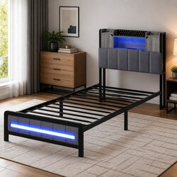 Single Bed Frame with Storage Headboard RGB LED Lights Charging Station