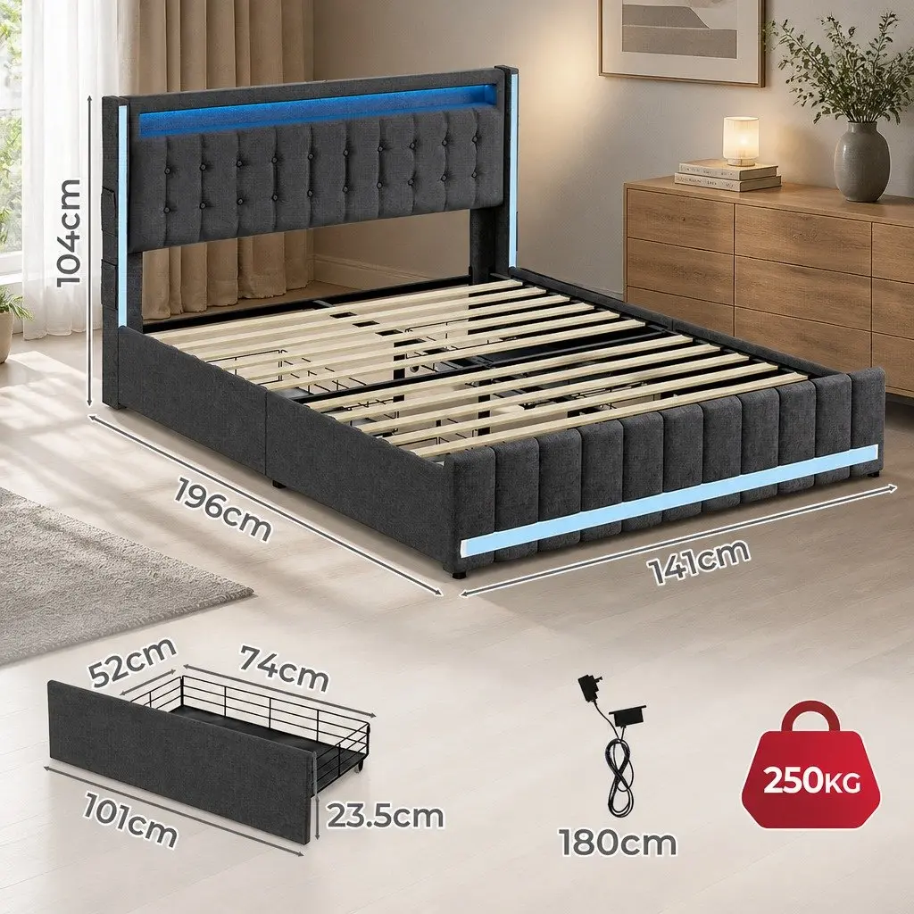 Double Bed Frame with Storage and USB Charging